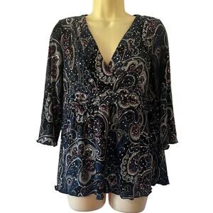 INC International Concepts Blue Paisley Print Knit Top Sparkle Dots Size Lg Y2K